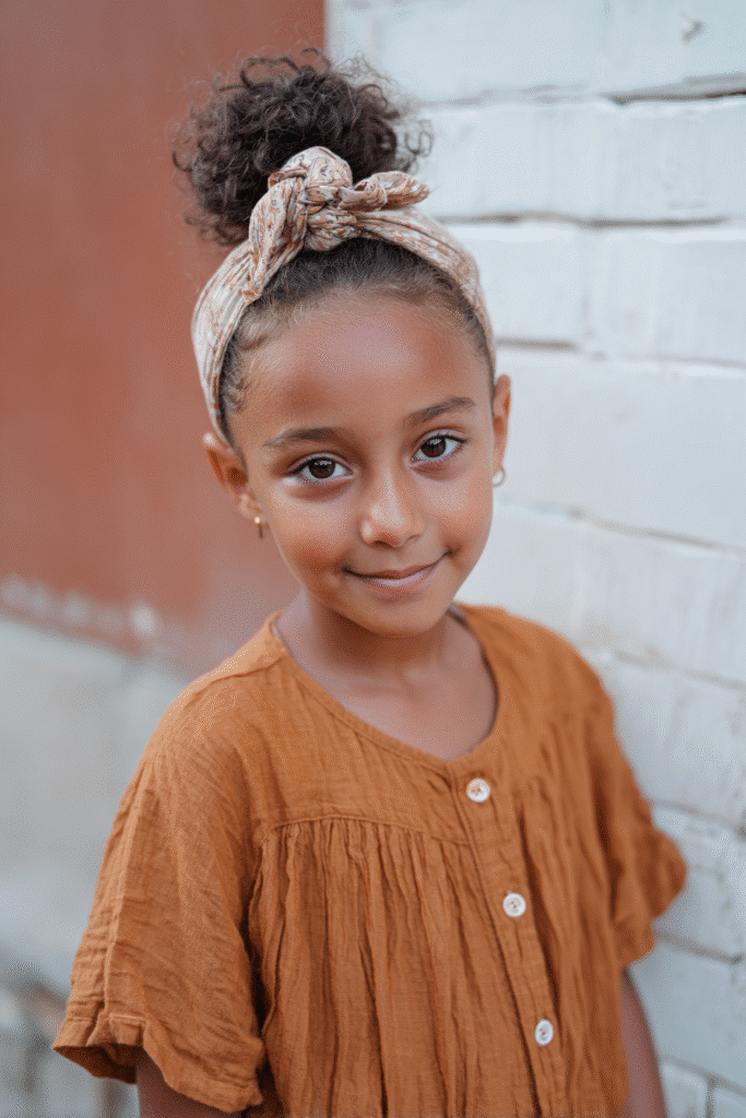 A sleek high bun wrapped with a headband for a simple, elegant finish.