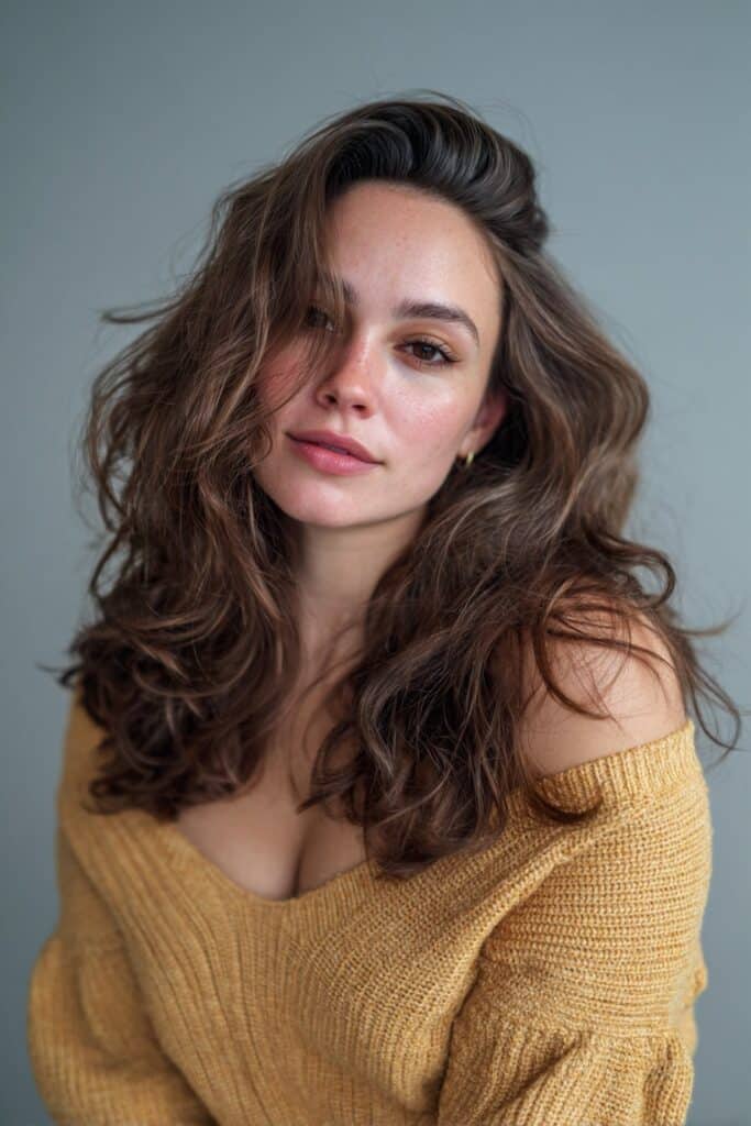 Chestnut brown hair with honey highlights enhancing depth throughout layered strands.