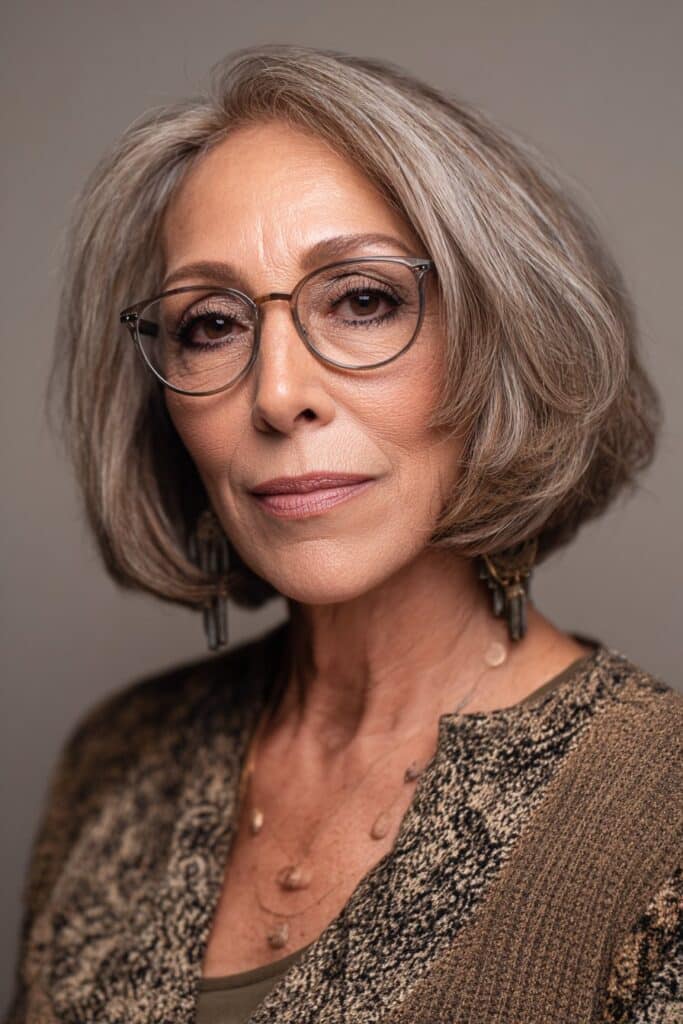 Confident 50-year-old woman wearing a layered bob with side bangs.