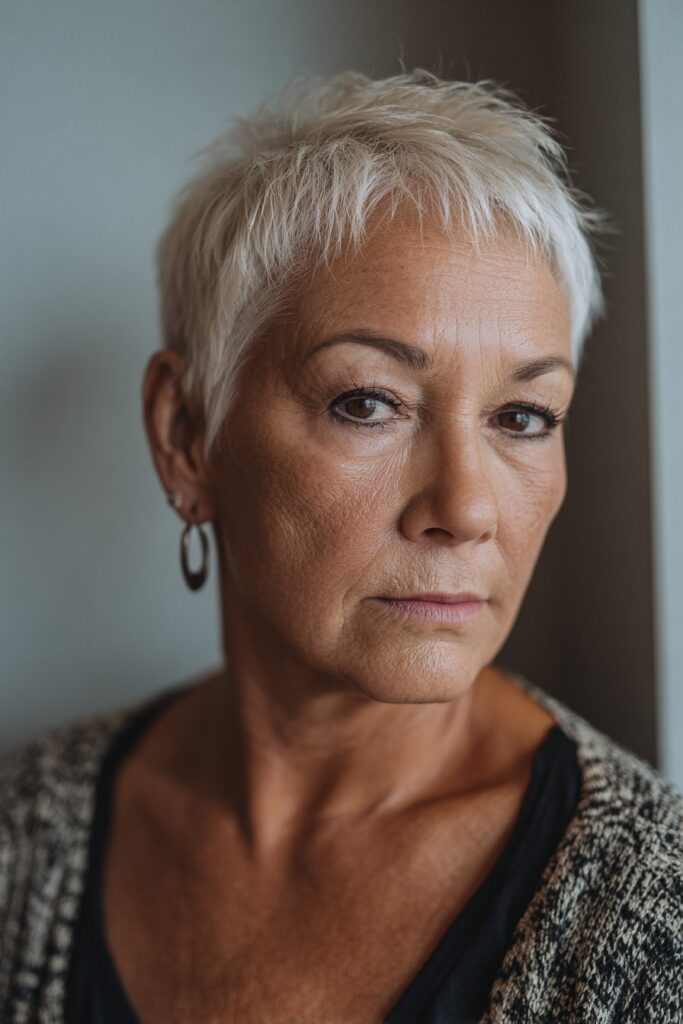 Curly layered pixie cut enhanced with warm chestnut highlights.