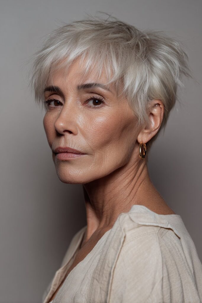 Layered pixie cut hairstyle for thin hair, adding texture and volume for a youthful look.