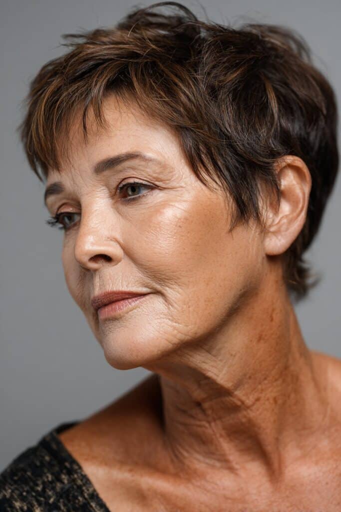 Layered pixie haircut with rich auburn undertones adding warmth and depth.