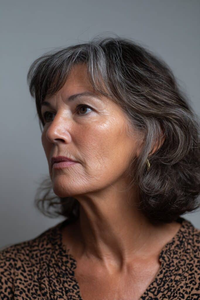 Layered pixie cut featuring a long side fringe for soft face framing.