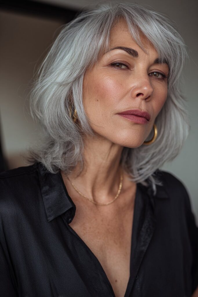 Layered pixie cut featuring smoky gray color for a bold, sophisticated style.