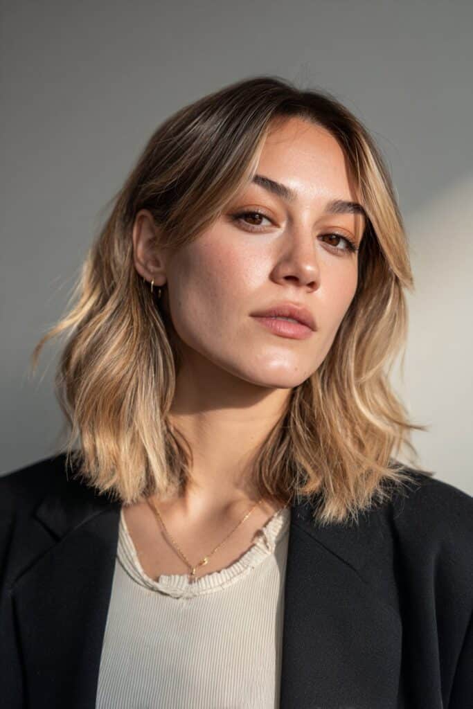 Layered shag haircut enhanced with balayage for depth and dimension.