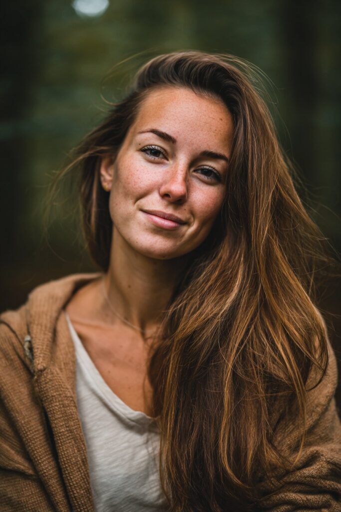 Light brown hair with brighter sugar-toned highlights placed around the face for soft illumination.