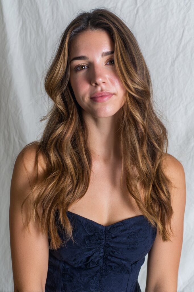 Long hair styled with butterfly layers enhanced by bright, blended highlights.