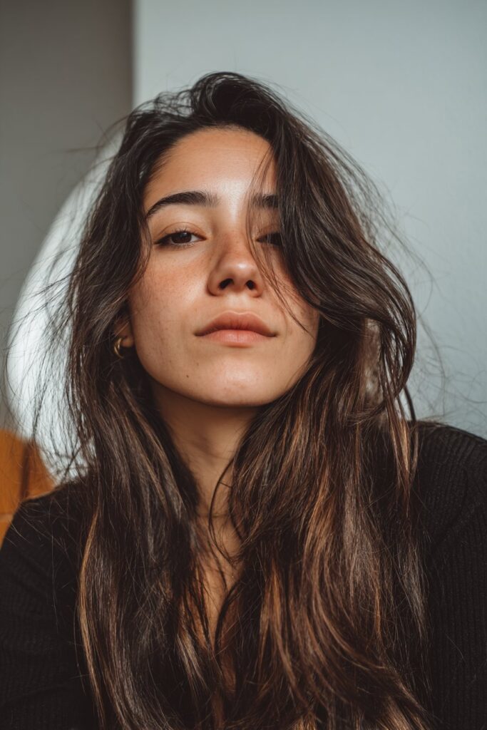 Long shag haircut with bottleneck bangs that flatter all face shapes.