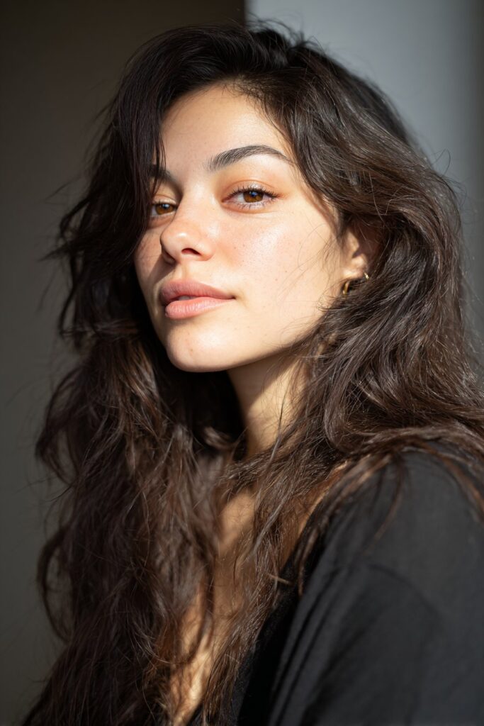 Long shag haircut with face-framing layers to soften strong jawlines on square faces.