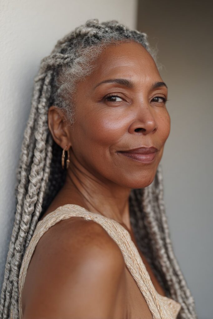 Extra-long box braids in silver tones with neat parting and a smooth, flowing finish.