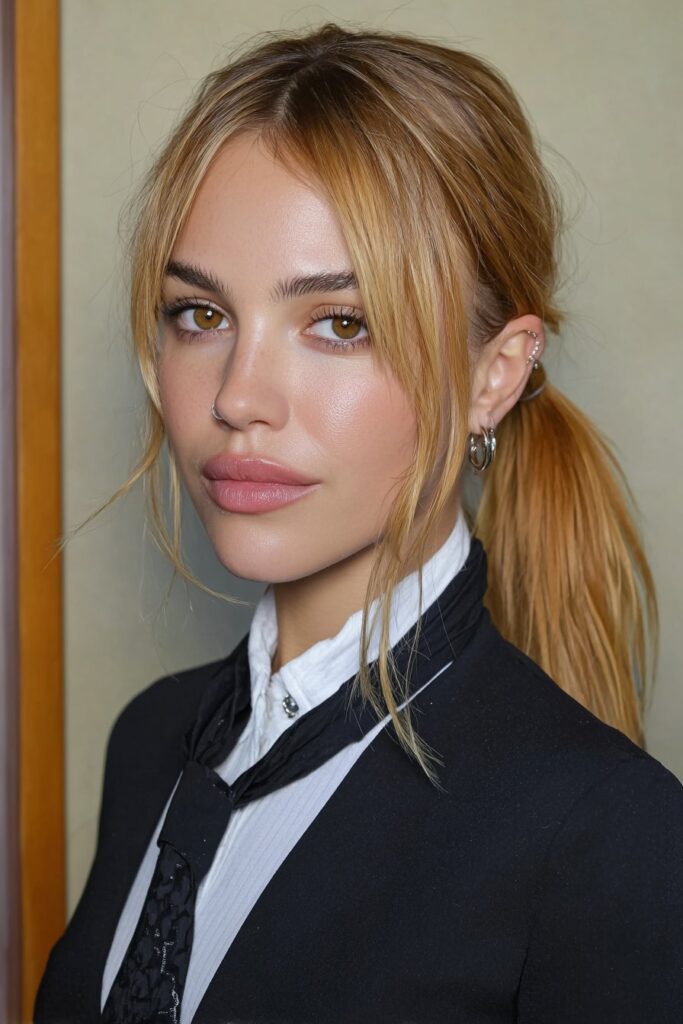 A smooth, polished low ponytail that looks elegant and stays neat during school hours.