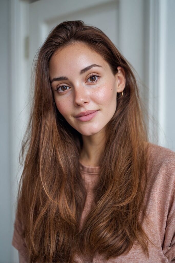 Darker roots fading into maple-toned light brown ends for a smooth ombré effect.