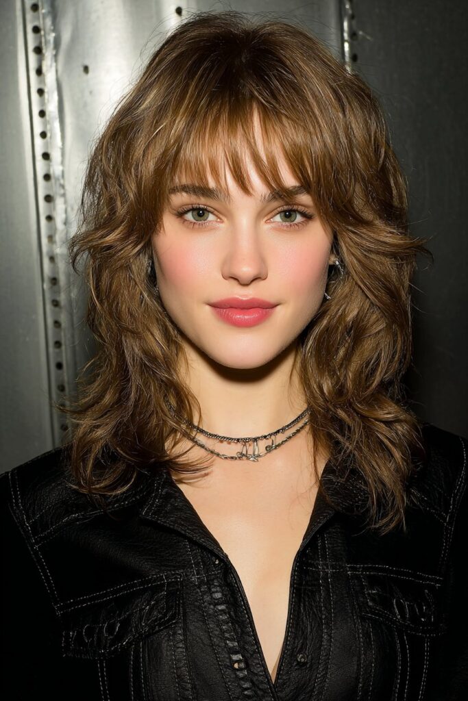 Girl with medium-length hair styled with outward flipped ends and bangs