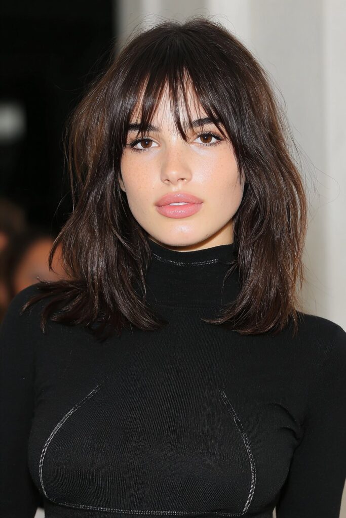 Girl with straight medium hair and face-framing bangs