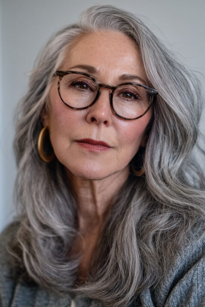 Stylish 50-year-old woman with a piecey layered shoulder-length haircut.