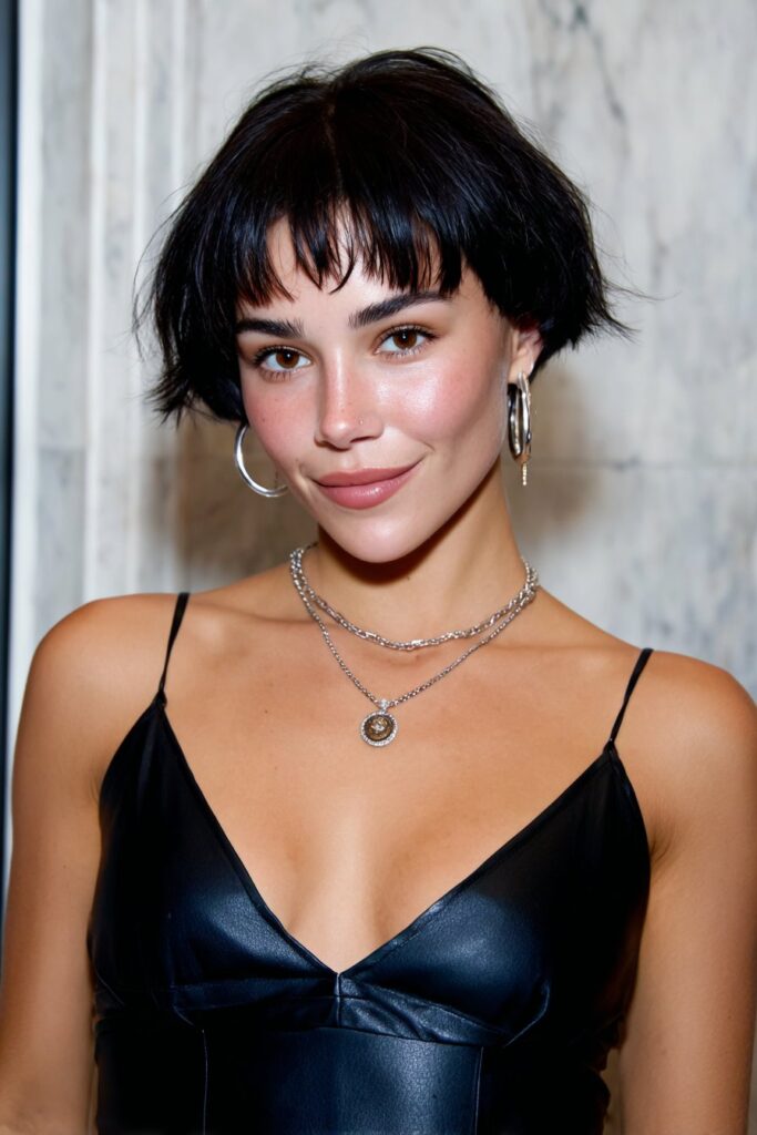 Girl with piecey layered haircut and long flowing bangs