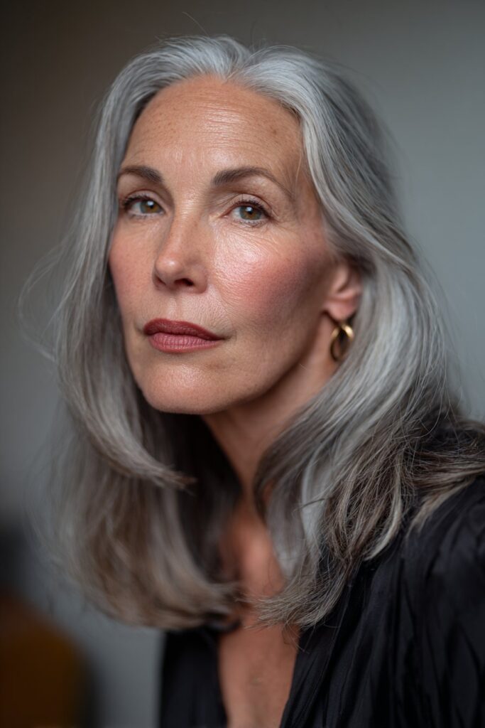 Straight blunt bob paired with soft curtain bangs for women over 60.