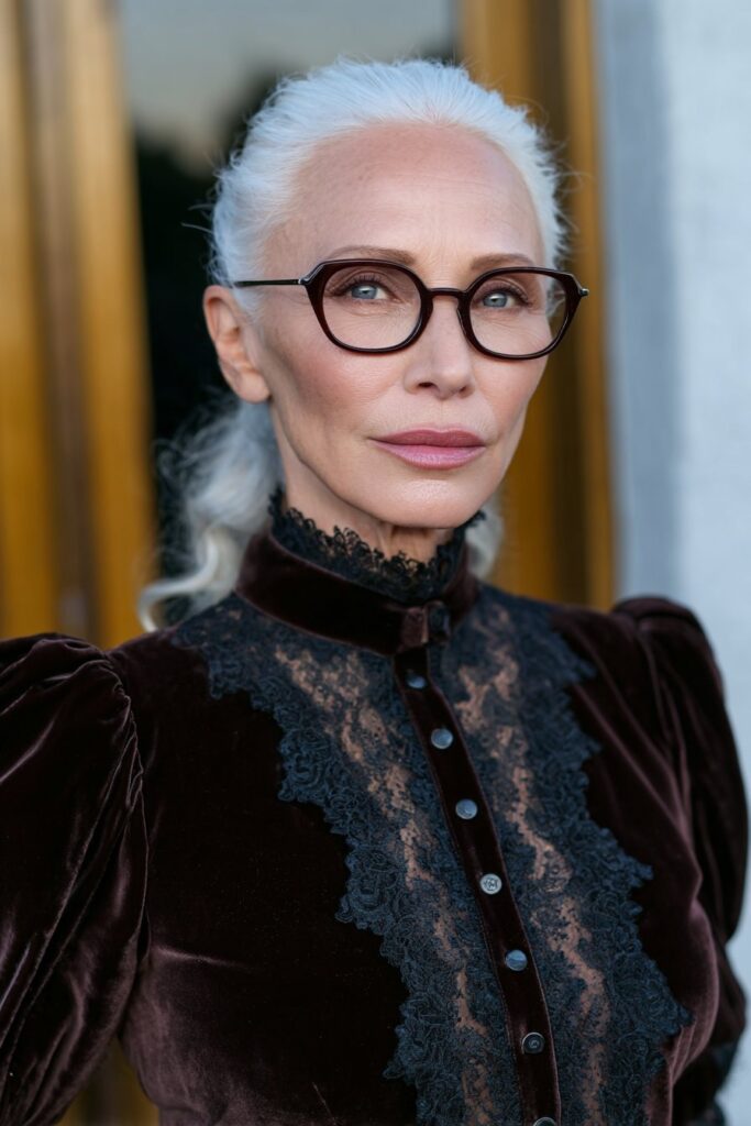 Fashion-forward woman over 60 wearing a sleek platinum pixie with a smooth, polished finish.