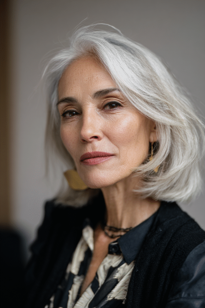 Rounded bob hairstyle with subtle layers giving a smooth, polished look for women over 60.