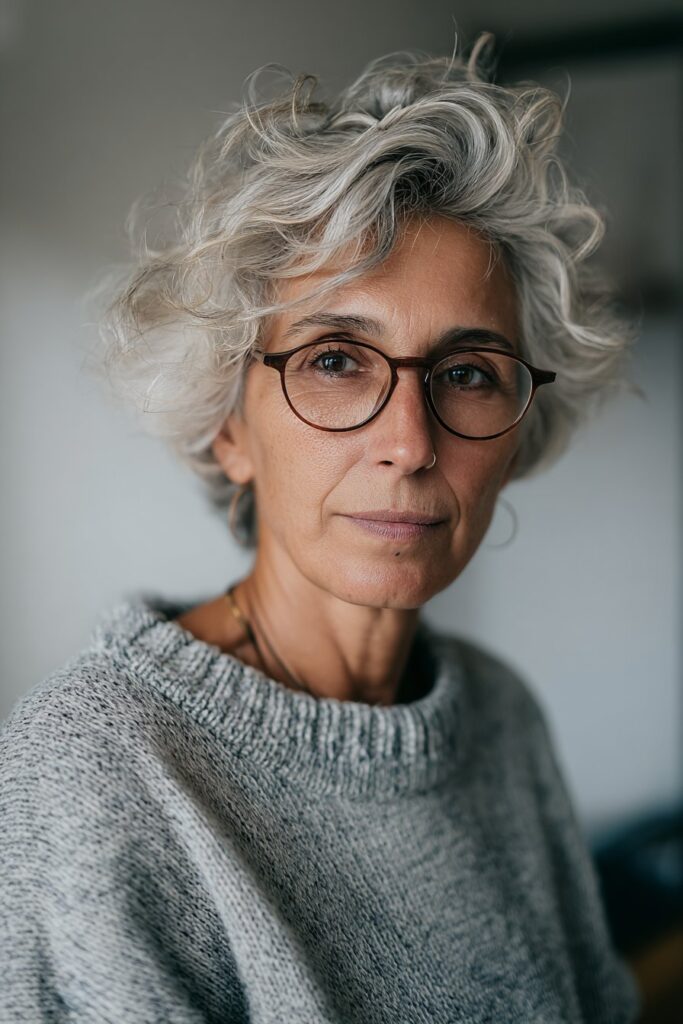 Beautiful 50-year-old woman with a salt-and-pepper pixie style.