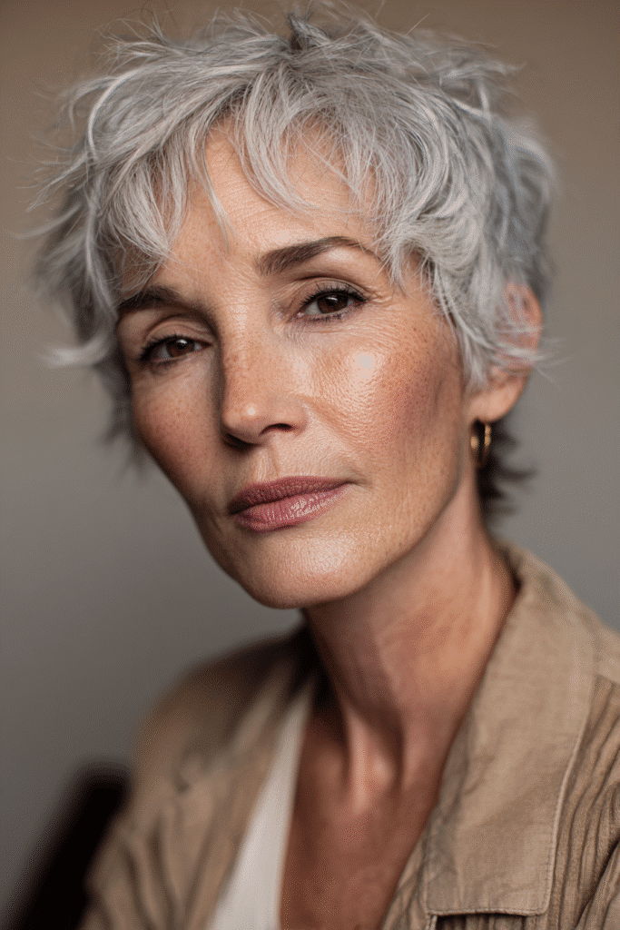 Shaggy cropped haircut with bangs, giving texture and movement to thin hair.