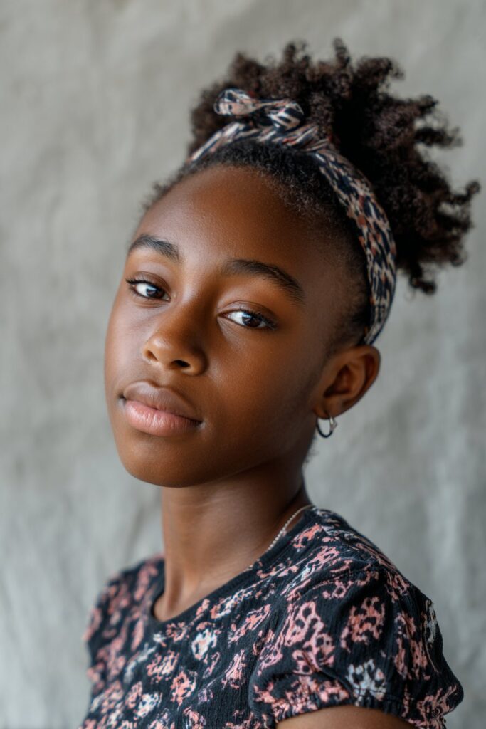A short afro framed with a headband for added structure and style.