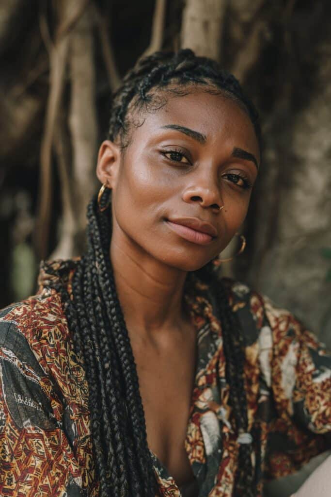 Shoulder-length or above braids parted into square sections for a clean, uniform appearance.