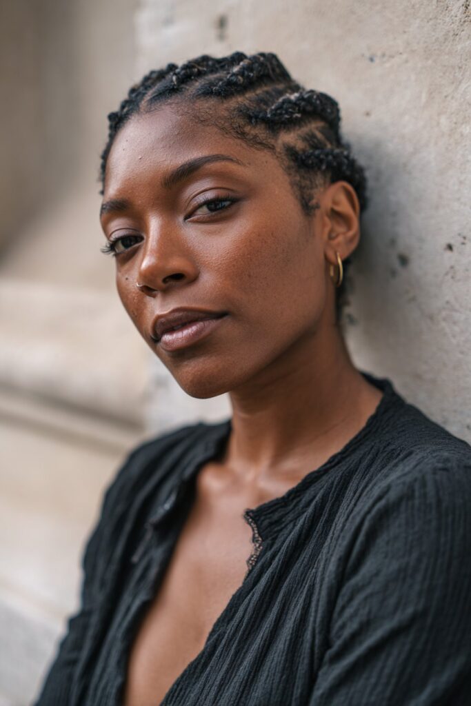 Short braids with traditional Fulani patterns, often featuring a center braid and beaded accents.