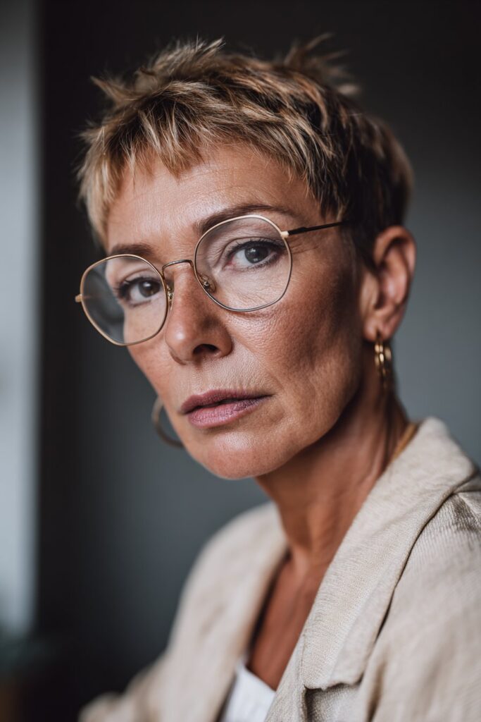 Chic 50-year-old woman rocking a short pixie with wispy fringe.