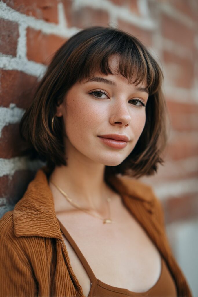 Medium-length butterfly layers paired with flowing curtain bangs for balanced movement.