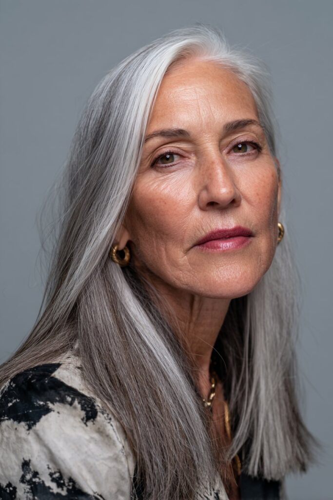 Straight bob haircut styled with a side-swept fringe for softness.