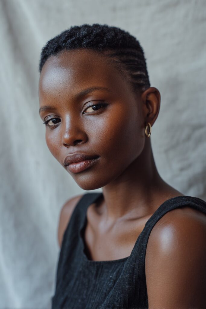 Neat cornrows braided diagonally across the scalp and swept to one side.