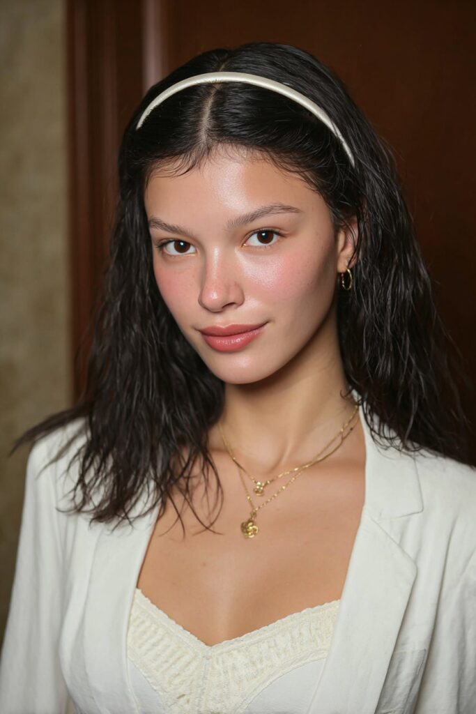 A hairstyle with a silk headband used to tuck hair in neatly for a polished, soft school style.