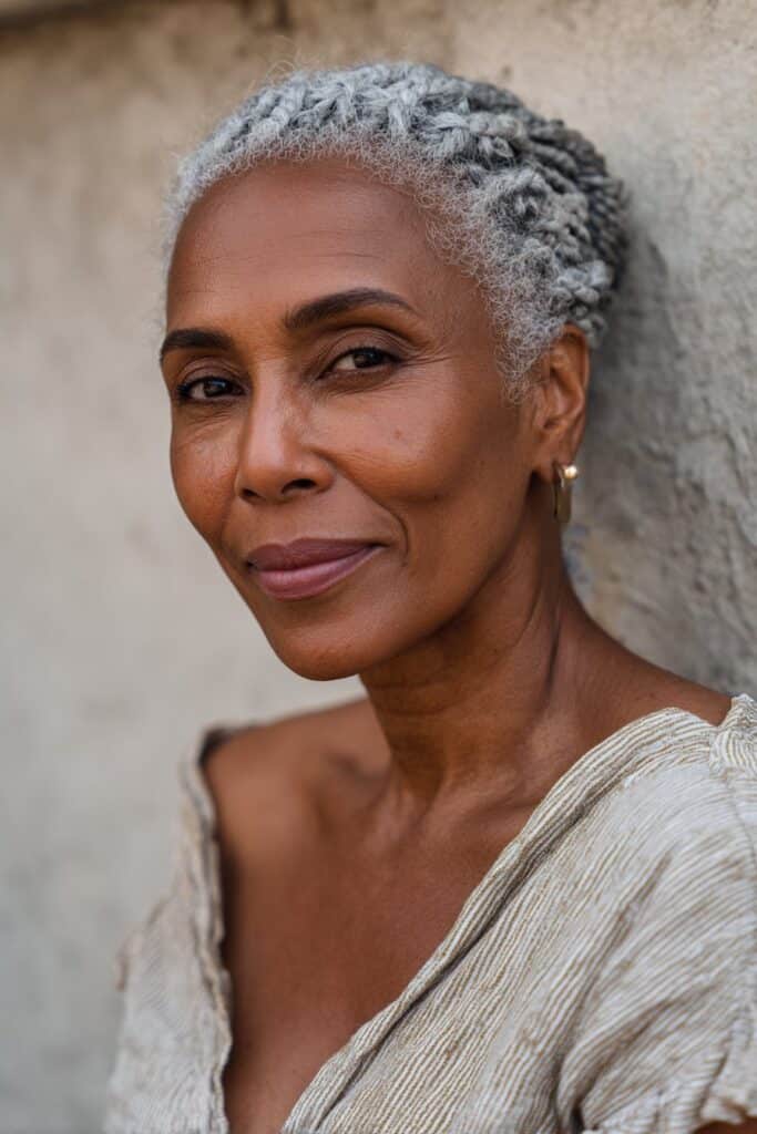 Smooth feed-in cornrows gradually adding silver extensions for a seamless, blended metallic look.