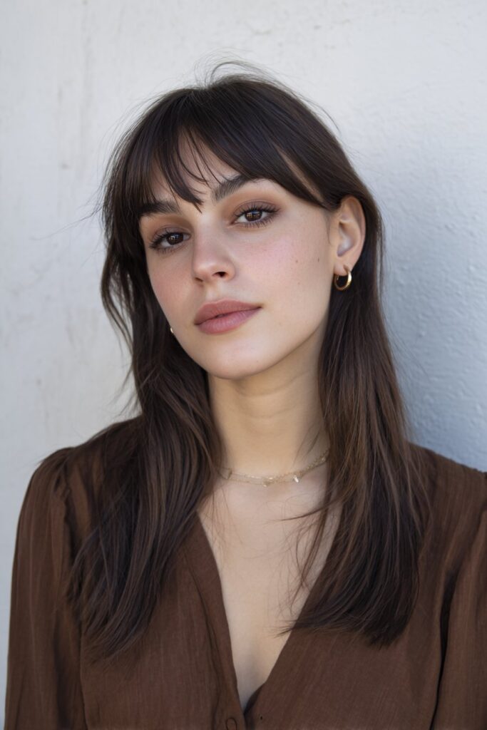 Smooth, sleek butterfly layers complemented by long, face-framing bangs.