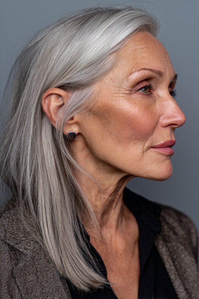 Sleek silver pixie cut for straight hair with a polished finish.