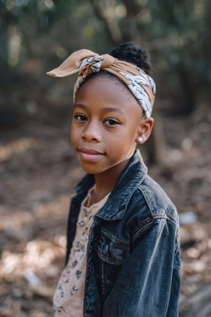 Hair smoothed back into a sleek ponytail for a clean, defined style.