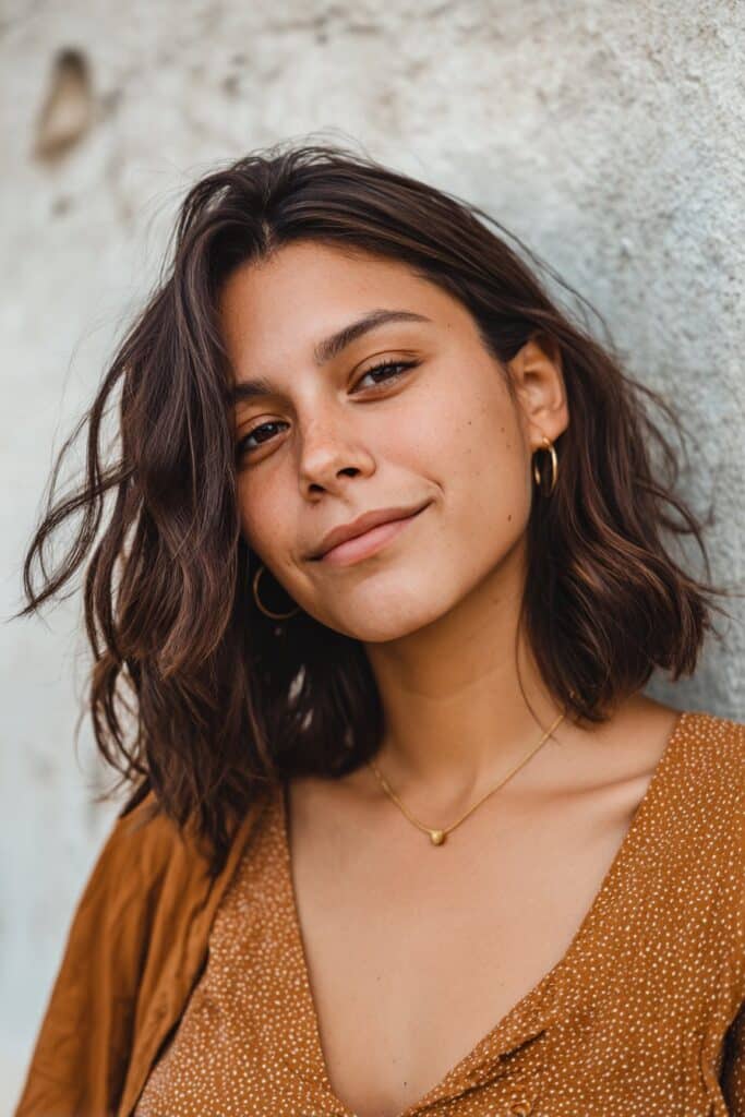 Brown hair blended with cool, smoky undertones and soft sugar highlights for a muted, dimensional look.