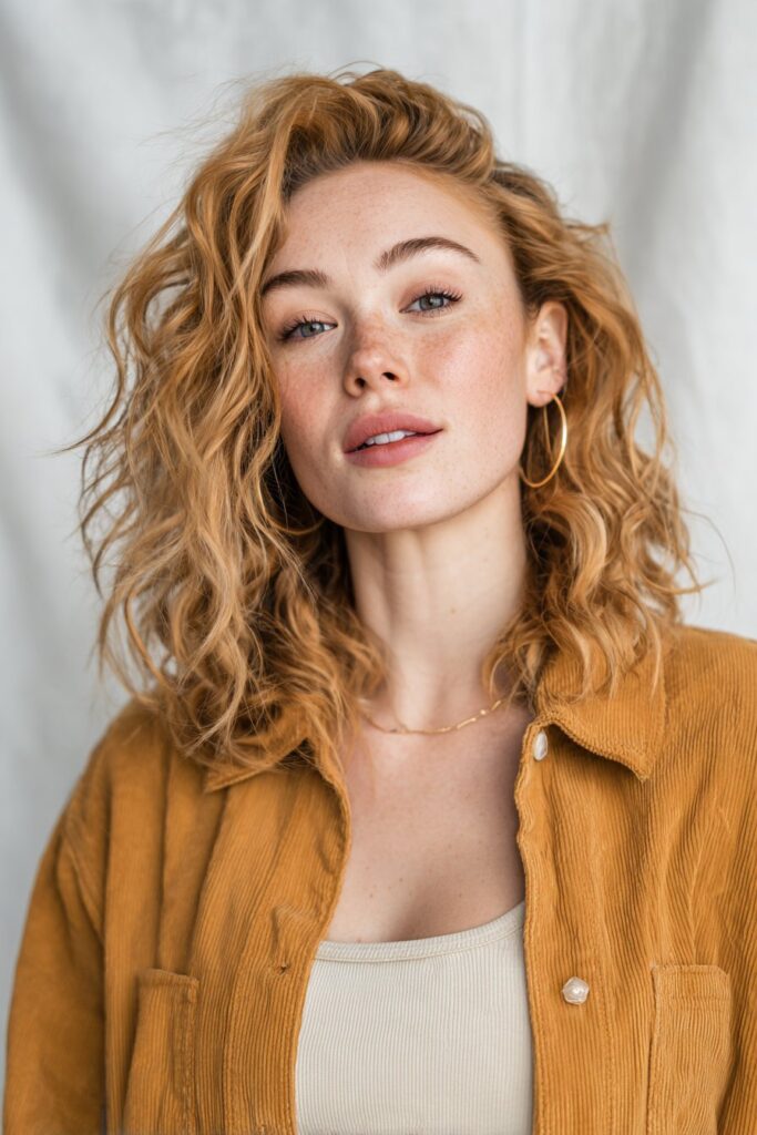 Light brown hair with warm caramel tones blended softly for a creamy, glowing finish.