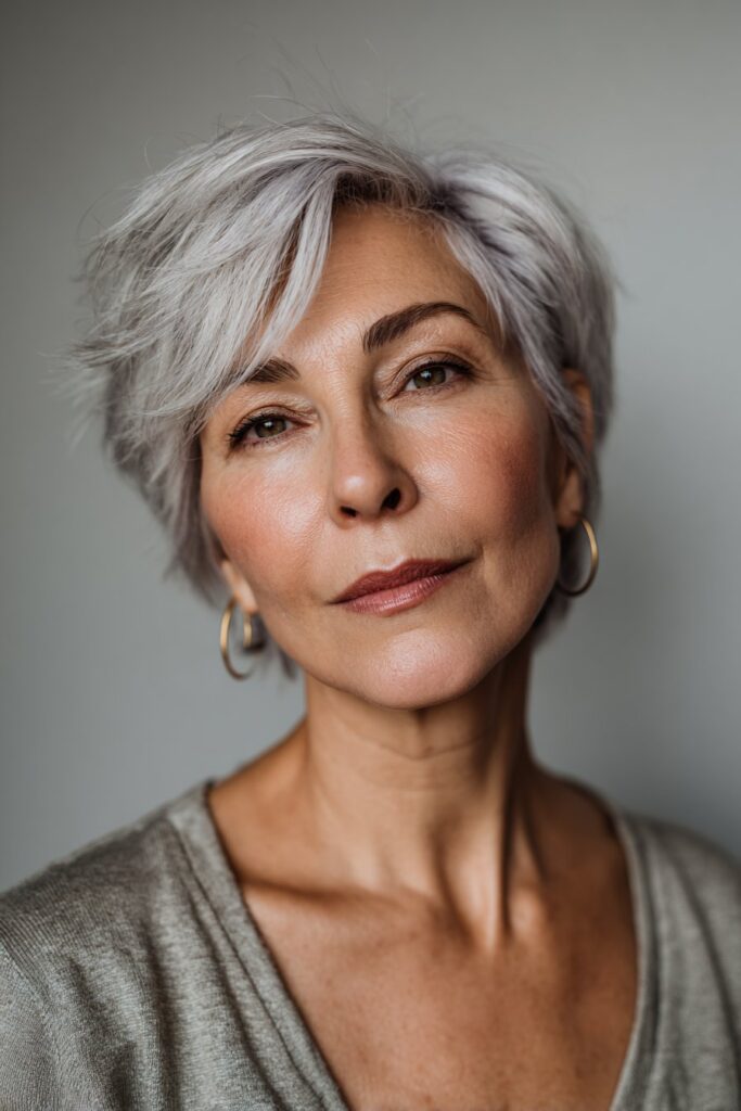 Layered pixie cut tinted with soft lavender color and airy texture.