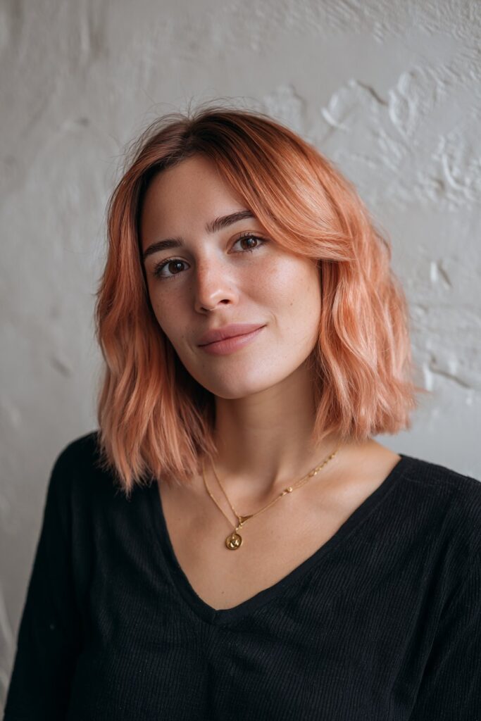 Rose-gold tinted hair styled with gentle butterfly layers for a soft, glowing effect.