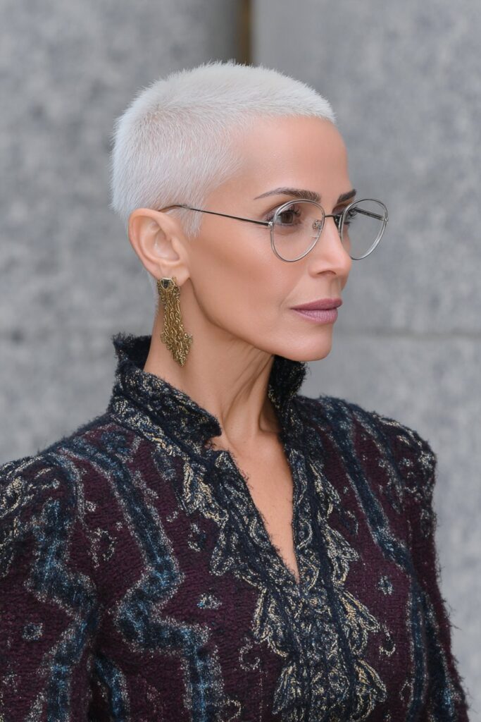Woman over 60 with a softly feathered pixie cut that creates an airy, lightweight, and elegant look.