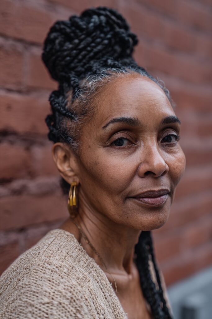 Braids gathered and wrapped into a high, elegant updo with a smooth, refined silhouette.