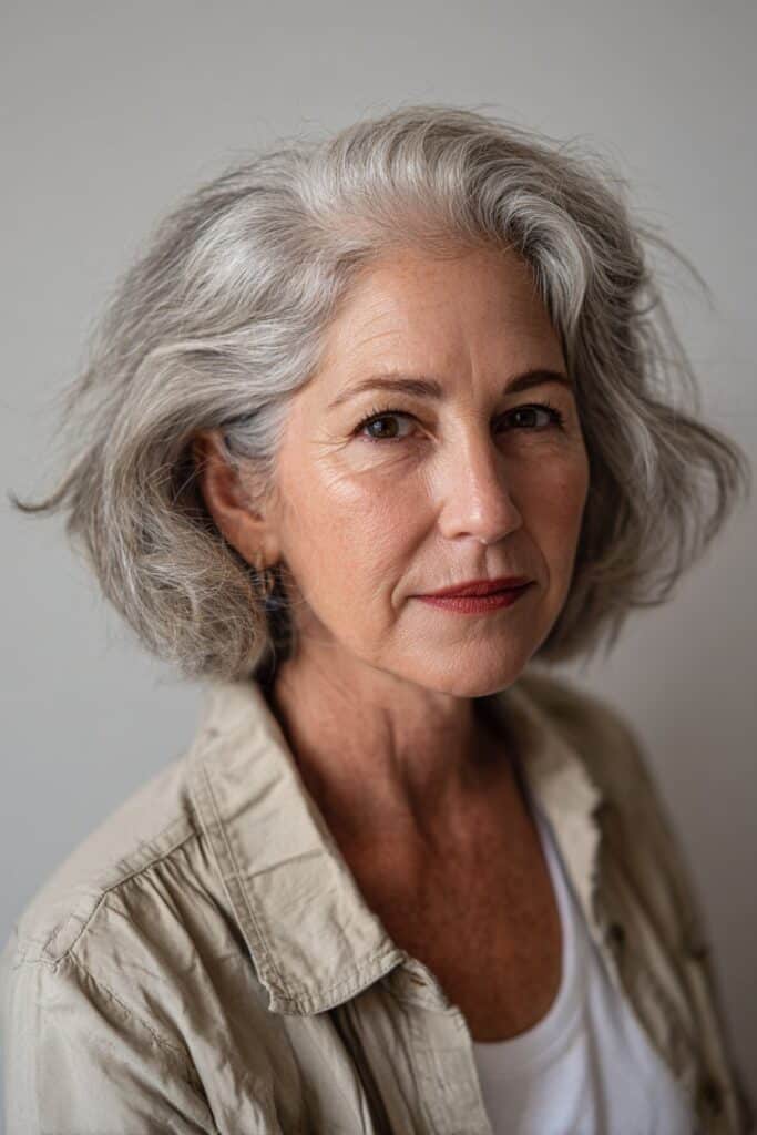 Stacked bob haircut creating fuller, voluminous shape for women over 60.