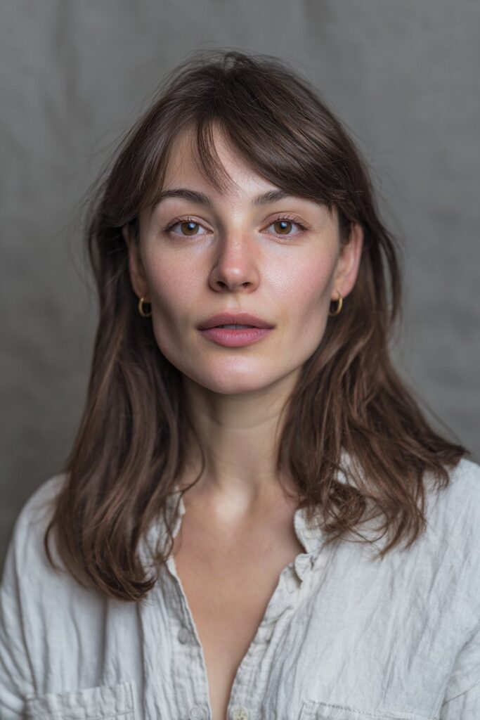 Straight hair with lightly defined butterfly layers for soft movement without heavy volume.