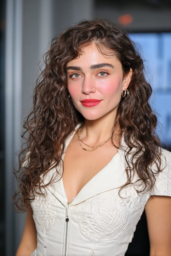 A girl with wavy medium hair and textured butterfly layers