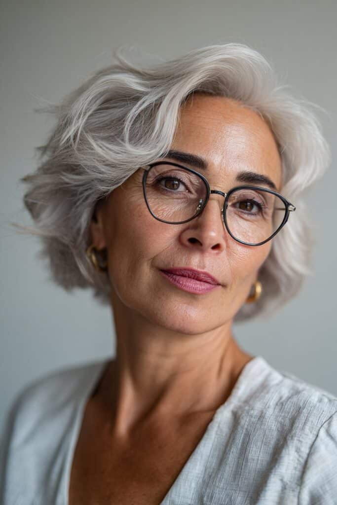 Stylish 50-year-old woman with a textured feathered pixie haircut.