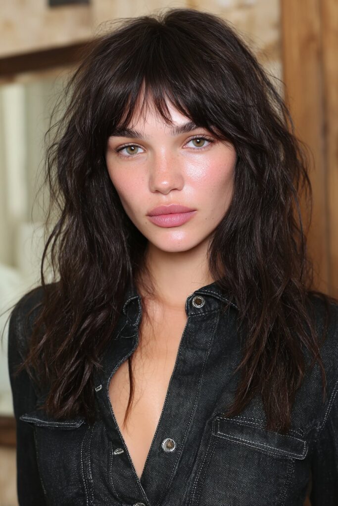 Girl with textured layered hair and short baby bangs