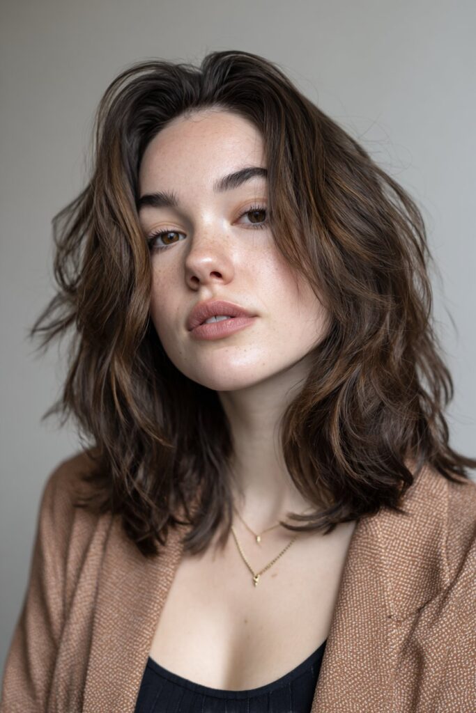 Textured shag hairstyle with blunt ends to balance length on oblong face shapes.