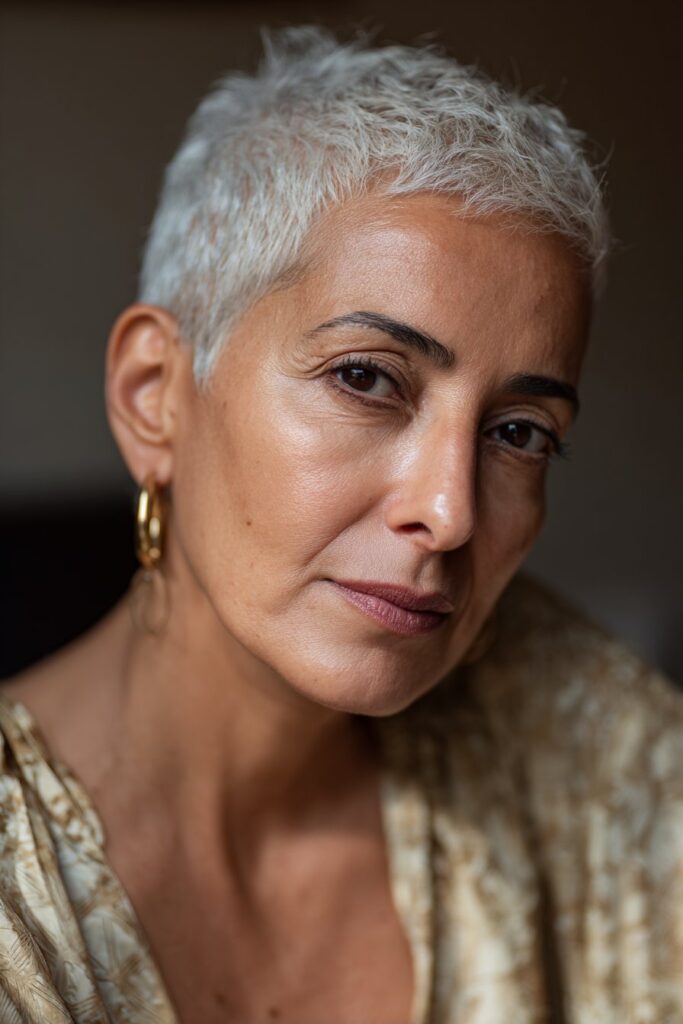 Textured silver pixie cut with soft layers adding volume and dimension.